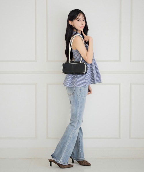 ALLuRing ChaRm(アリュリングチャーム)の「【首紐付き】Checkered Shirred Peplum / チェックシャーリングペプラム(チューブトップ・レディース・ネイビー/ブラック/ライトブルー・FREE)」の6枚目の写真