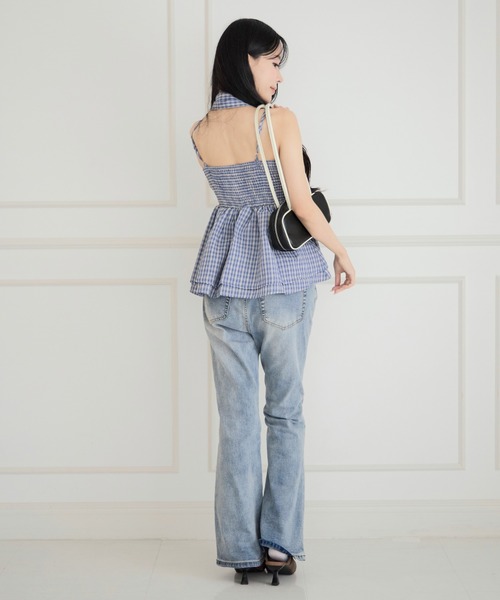 ALLuRing ChaRm(アリュリングチャーム)の「【首紐付き】Checkered Shirred Peplum / チェックシャーリングペプラム(チューブトップ・レディース・ネイビー/ブラック/ライトブルー・FREE)」の7枚目の写真