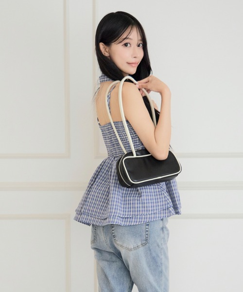 ALLuRing ChaRm(アリュリングチャーム)の「【首紐付き】Checkered Shirred Peplum / チェックシャーリングペプラム(チューブトップ・レディース・ネイビー/ブラック/ライトブルー・FREE)」の11枚目の写真