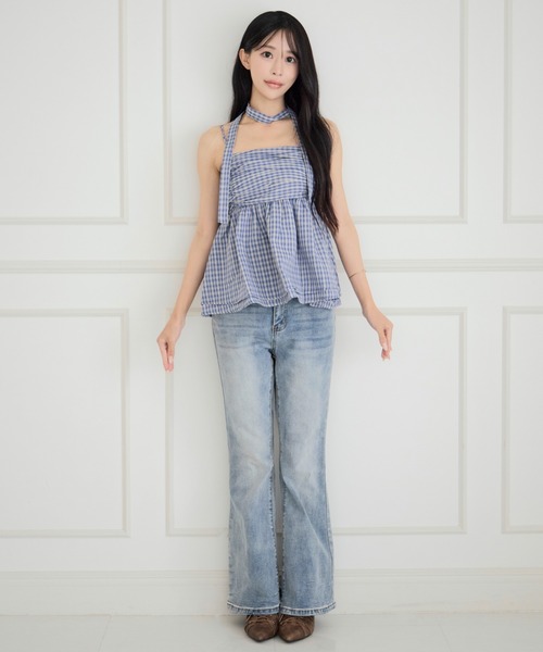 ALLuRing ChaRm(アリュリングチャーム)の「【首紐付き】Checkered Shirred Peplum / チェックシャーリングペプラム(チューブトップ・レディース・ネイビー/ブラック/ライトブルー・FREE)」の4枚目の写真