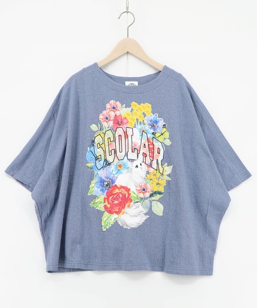 ScoLar(スカラー)の「162755:花ネコ柄 ローズジャガードプルオーバー(Tシャツ/カットソー・レディース・チャコールグレー/ブルー/オフホワイト・M)」の12枚目の写真