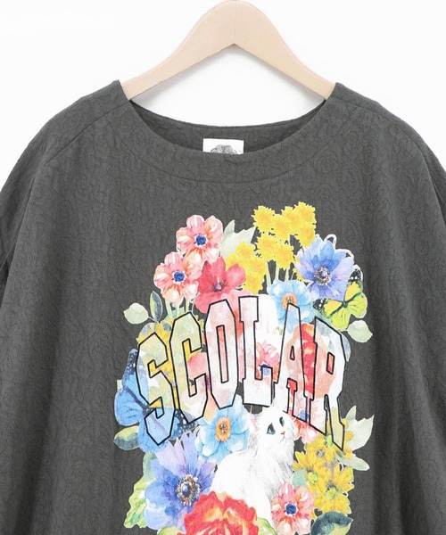 ScoLar(スカラー)の「162755:花ネコ柄 ローズジャガードプルオーバー(Tシャツ/カットソー・レディース・チャコールグレー/ブルー/オフホワイト・M)」の14枚目の写真