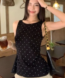 フレンチドット柄バックオープンリボントップス