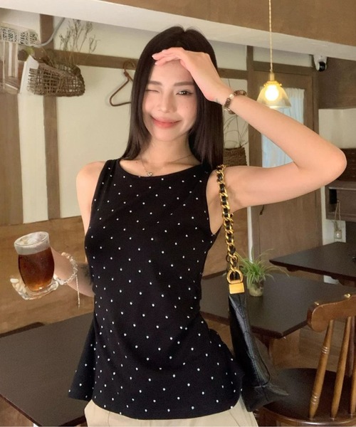 semuse(セミューズ)の「フレンチドット柄バックオープンリボントップス(Tシャツ/カットソー・レディース・ブラック・FREE)」の3枚目の写真