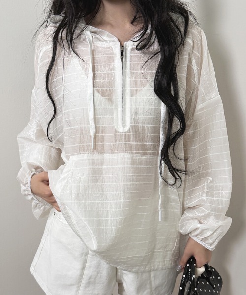 FACTOTUM(ファクトタム)の「フード付きボーダー柄薄手トップス(Tシャツ/カットソー・レディース・ホワイト/ベージュ・FREE)」の6枚目の写真