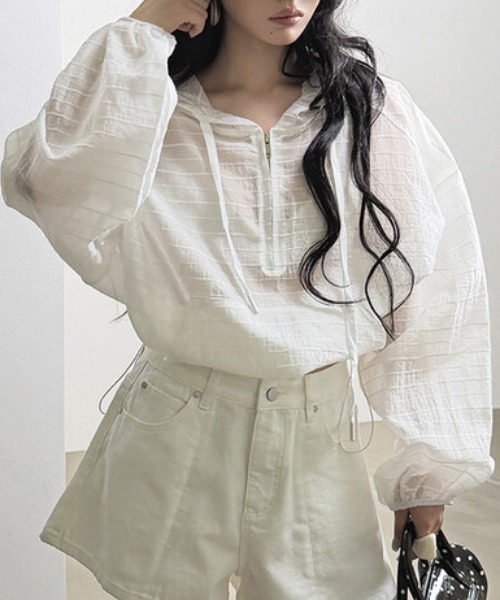 FACTOTUM(ファクトタム)の「フード付きボーダー柄薄手トップス(Tシャツ/カットソー・レディース・ホワイト/ベージュ・FREE)」の10枚目の写真