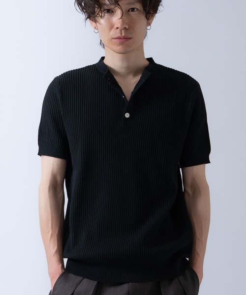 イエナ　丸襟 半袖 リブニット ブラック ヘンリーネック リブニット 半袖 Tシャツ（ニット/セーター）｜Crownor