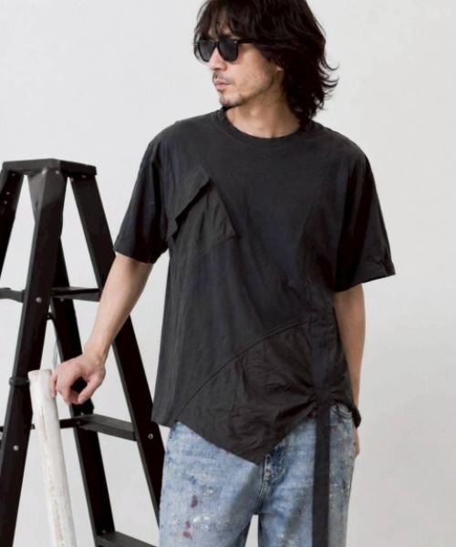 KAMINARI_TOKIO（カミナリトキオ）の「異素材切替アシメTシャツ（Tシャツ/カットソー・レディース・チャコールグレー/ブラック・FREE）」の2枚目の写真