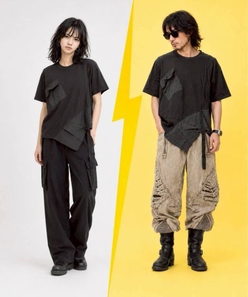 KAMINARI_TOKIO（カミナリトキオ）の「異素材切替アシメTシャツ（Tシャツ/カットソー・レディース・チャコールグレー/ブラック・FREE）」の3枚目の写真