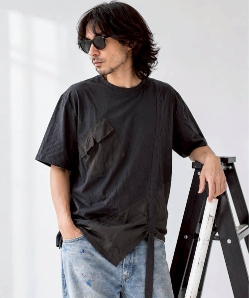 KAMINARI_TOKIO（カミナリトキオ）の「異素材切替アシメTシャツ（Tシャツ/カットソー・レディース・チャコールグレー/ブラック・FREE）」の4枚目の写真