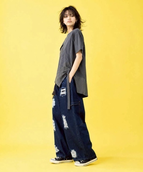 KAMINARI_TOKIO（カミナリトキオ）の「異素材切替アシメTシャツ（Tシャツ/カットソー・レディース・チャコールグレー/ブラック・FREE）」の20枚目の写真