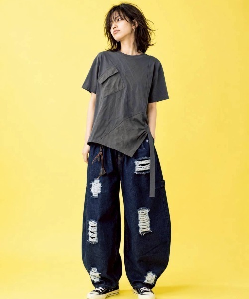 KAMINARI_TOKIO（カミナリトキオ）の「異素材切替アシメTシャツ（Tシャツ/カットソー・レディース・チャコールグレー/ブラック・FREE）」の18枚目の写真