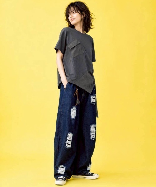 KAMINARI_TOKIO（カミナリトキオ）の「異素材切替アシメTシャツ（Tシャツ/カットソー・レディース・チャコールグレー/ブラック・FREE）」の19枚目の写真