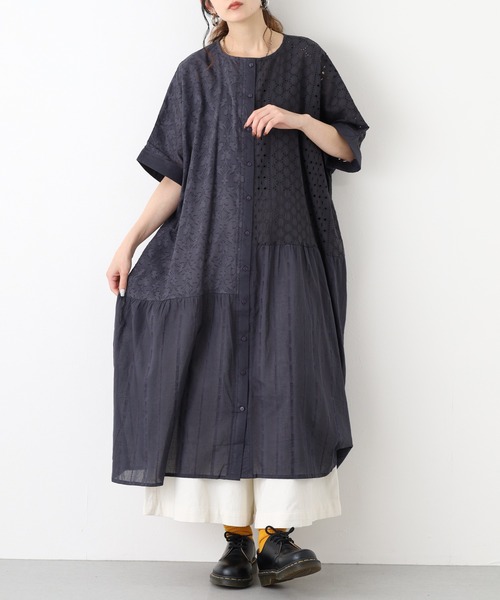 FUNALIVE(ファンアライブ)の「総刺繍切替2wayワイドワンピース 半端袖(ワンピース・レディース・ネイビー/イエロー/アイボリー/ブラック・M-L)」の1枚目の写真