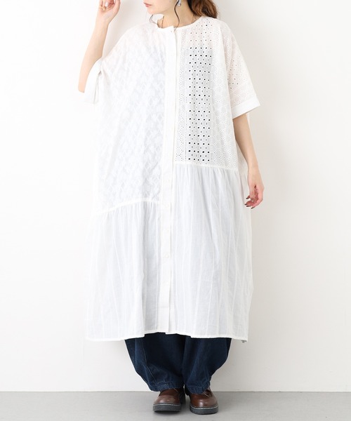 FUNALIVE(ファンアライブ)の「総刺繍切替2wayワイドワンピース 半端袖(ワンピース・レディース・ネイビー/イエロー/アイボリー/ブラック・M-L)」の2枚目の写真