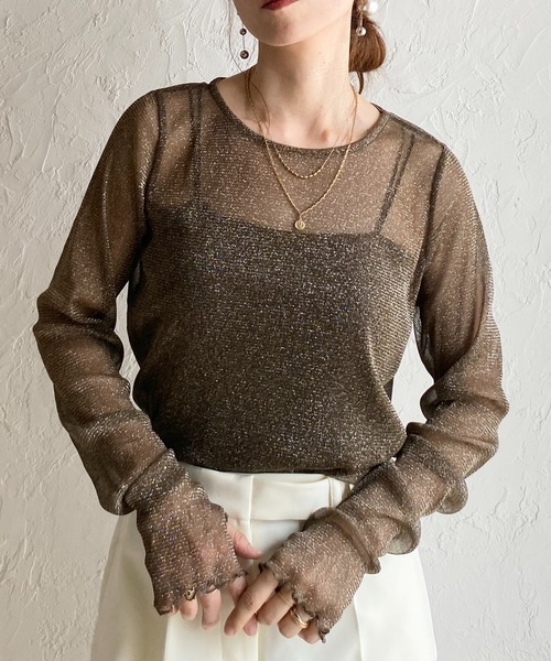She's Closet(シーズクローゼット)の「長袖 サムホール ラメ シアートップス ロングTシャツ(Tシャツ/カットソー・レディース・グレー/ブラック/ブラウン/モカ/アイボリー/チャコールグレー・FREE)」の5枚目の写真