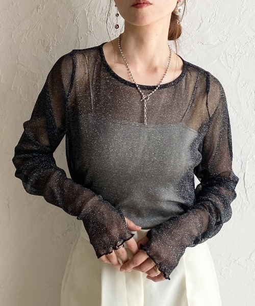 She's Closet(シーズクローゼット)の「長袖 サムホール ラメ シアートップス ロングTシャツ(Tシャツ/カットソー・レディース・グレー/ブラック/ブラウン/モカ/アイボリー/チャコールグレー・FREE)」の1枚目の写真