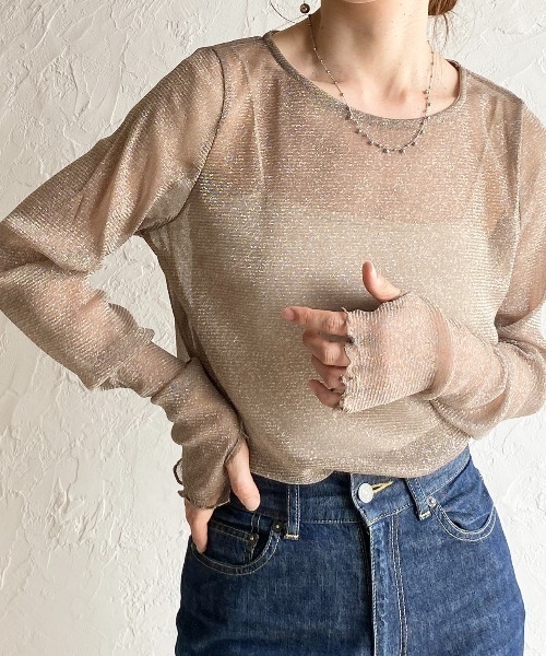 She's Closet(シーズクローゼット)の「長袖 サムホール ラメ シアートップス ロングTシャツ(Tシャツ/カットソー・レディース・グレー/ブラック/ブラウン/モカ/アイボリー/チャコールグレー・FREE)」の6枚目の写真