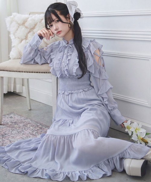 夢展望(ユメテンボウ)の「プチハイネックティアードロングワンピース【大きいサイズあり】(ワンピース・レディース・グレー/ブラック/ブルーグレー・LL~3L/L~LL/M-L)」の1枚目の写真