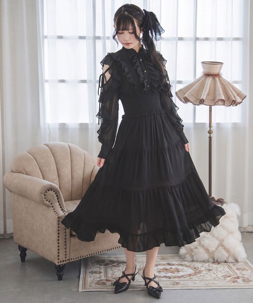 夢展望(ユメテンボウ)の「プチハイネックティアードロングワンピース【大きいサイズあり】(ワンピース・レディース・グレー/ブラック/ブルーグレー・LL~3L/L~LL/M-L)」の2枚目の写真