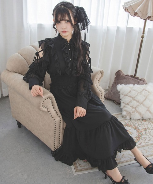 夢展望(ユメテンボウ)の「プチハイネックティアードロングワンピース【大きいサイズあり】(ワンピース・レディース・グレー/ブラック/ブルーグレー・LL~3L/L~LL/M-L)」の8枚目の写真