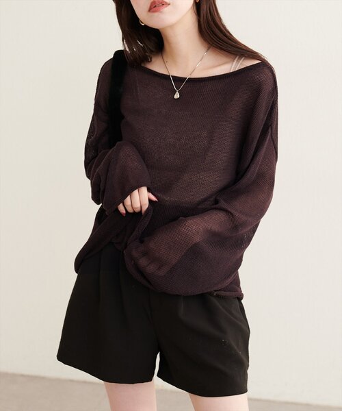 natural couture(ナチュラルクチュール)の「透かし編みボートネックプルオーバー(ニット/セーター・レディース・チャコールグレー/ブラウン/オフホワイト/サックスブルー/ピンク/ボルドー・FREE)」の18枚目の写真