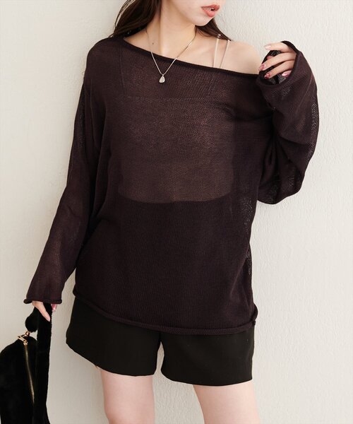 natural couture(ナチュラルクチュール)の「透かし編みボートネックプルオーバー(ニット/セーター・レディース・チャコールグレー/ブラウン/オフホワイト/サックスブルー/ピンク/ボルドー・FREE)」の17枚目の写真