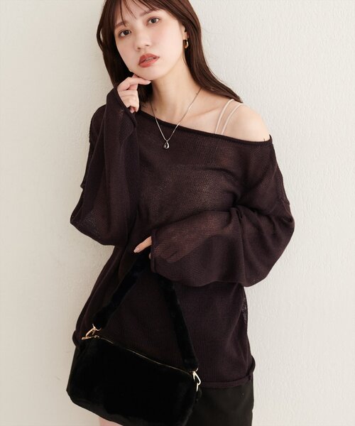 natural couture(ナチュラルクチュール)の「透かし編みボートネックプルオーバー(ニット/セーター・レディース・チャコールグレー/ブラウン/オフホワイト/サックスブルー/ピンク/ボルドー・FREE)」の16枚目の写真