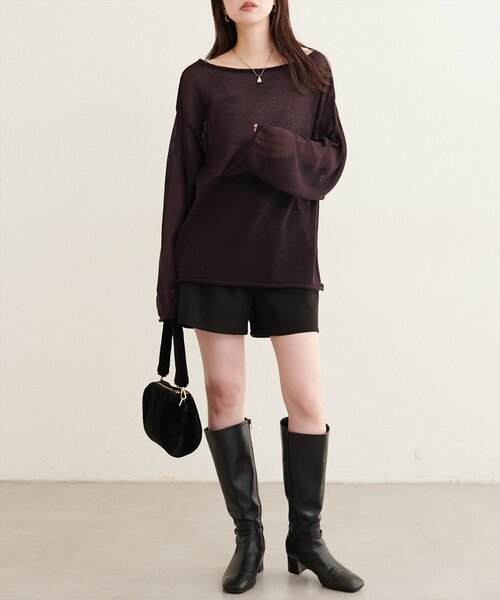 natural couture(ナチュラルクチュール)の「透かし編みボートネックプルオーバー(ニット/セーター・レディース・チャコールグレー/ブラウン/オフホワイト/サックスブルー/ピンク/ボルドー・FREE)」の15枚目の写真