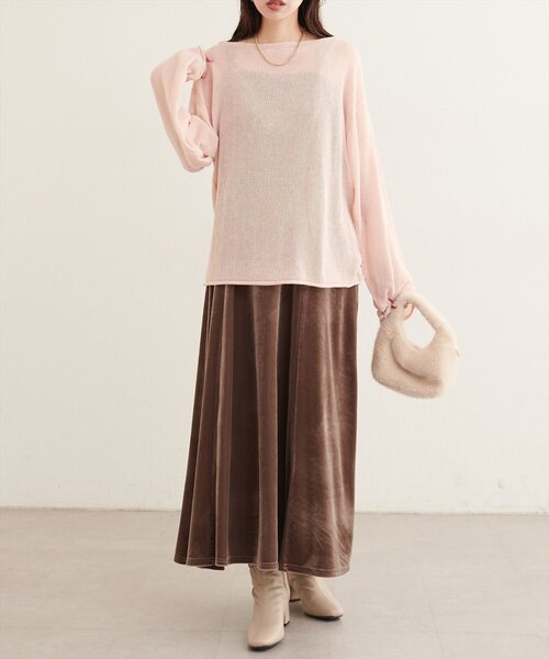 natural couture(ナチュラルクチュール)の「透かし編みボートネックプルオーバー(ニット/セーター・レディース・チャコールグレー/ブラウン/オフホワイト/サックスブルー/ピンク/ボルドー・FREE)」の11枚目の写真