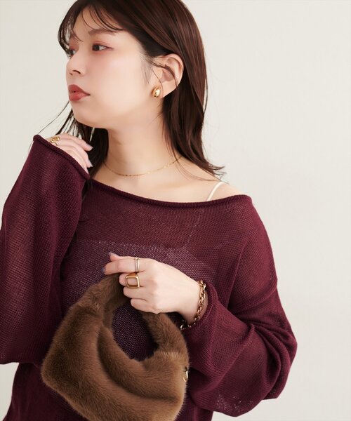 natural couture(ナチュラルクチュール)の「透かし編みボートネックプルオーバー(ニット/セーター・レディース・チャコールグレー/ブラウン/オフホワイト/サックスブルー/ピンク/ボルドー・FREE)」の9枚目の写真
