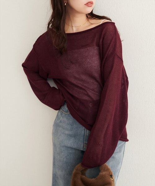 natural couture(ナチュラルクチュール)の「透かし編みボートネックプルオーバー(ニット/セーター・レディース・チャコールグレー/ブラウン/オフホワイト/サックスブルー/ピンク/ボルドー・FREE)」の8枚目の写真