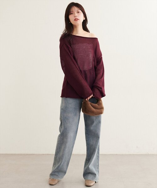 natural couture(ナチュラルクチュール)の「透かし編みボートネックプルオーバー(ニット/セーター・レディース・チャコールグレー/ブラウン/オフホワイト/サックスブルー/ピンク/ボルドー・FREE)」の7枚目の写真