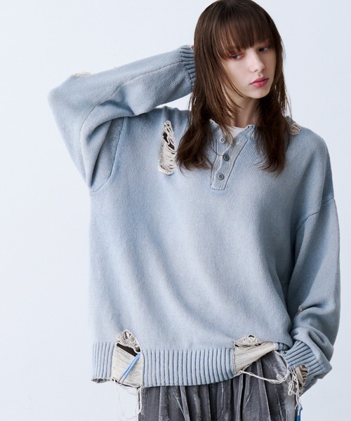 SeeSew(シーソー)の「【UNISEX】GRUNGE DAMAGE PRINT KNIT/グランジダメージプリントニット(ニット/セーター・メンズ・サックスブルー/ブラック・L/M)」の2枚目の写真