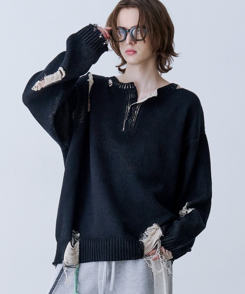 SeeSew(シーソー)の「【UNISEX】GRUNGE DAMAGE PRINT KNIT/グランジダメージプリントニット(ニット/セーター・メンズ・サックスブルー/ブラック・L/M)」の1枚目の写真
