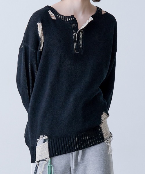 SeeSew(シーソー)の「【UNISEX】GRUNGE DAMAGE PRINT KNIT/グランジダメージプリントニット(ニット/セーター・メンズ・サックスブルー/ブラック・L/M)」の7枚目の写真