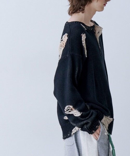 SeeSew(シーソー)の「【UNISEX】GRUNGE DAMAGE PRINT KNIT/グランジダメージプリントニット(ニット/セーター・メンズ・サックスブルー/ブラック・L/M)」の9枚目の写真