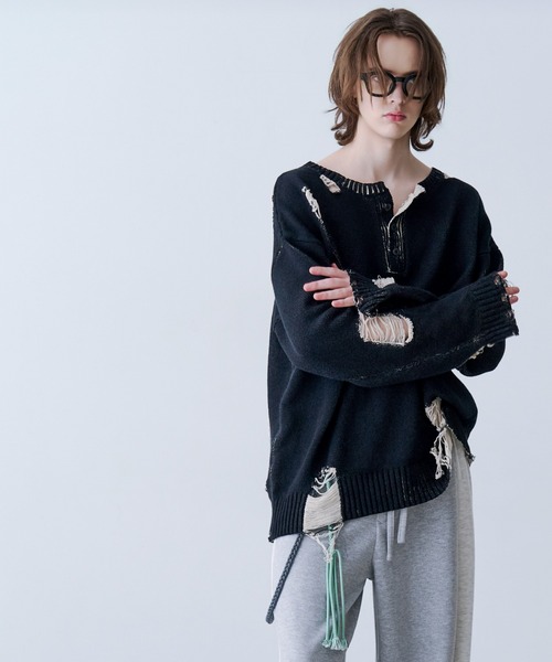 SeeSew(シーソー)の「【UNISEX】GRUNGE DAMAGE PRINT KNIT/グランジダメージプリントニット(ニット/セーター・メンズ・サックスブルー/ブラック・L/M)」の3枚目の写真