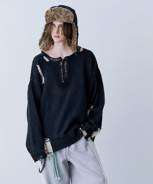 SeeSew(シーソー)の「【UNISEX】GRUNGE DAMAGE PRINT KNIT/グランジダメージプリントニット(ニット/セーター・メンズ・サックスブルー/ブラック・L/M)」の6枚目の写真
