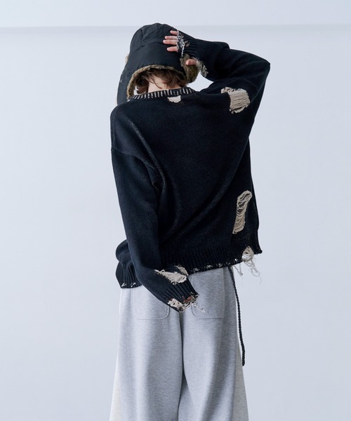 SeeSew(シーソー)の「【UNISEX】GRUNGE DAMAGE PRINT KNIT/グランジダメージプリントニット(ニット/セーター・メンズ・サックスブルー/ブラック・L/M)」の11枚目の写真