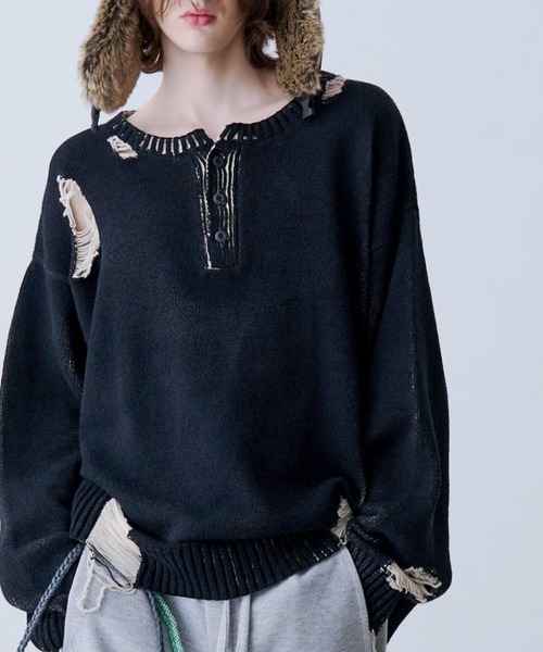 SeeSew(シーソー)の「【UNISEX】GRUNGE DAMAGE PRINT KNIT/グランジダメージプリントニット(ニット/セーター・メンズ・サックスブルー/ブラック・L/M)」の8枚目の写真