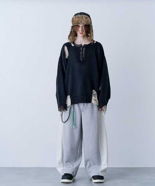 SeeSew(シーソー)の「【UNISEX】GRUNGE DAMAGE PRINT KNIT/グランジダメージプリントニット(ニット/セーター・メンズ・サックスブルー/ブラック・L/M)」の4枚目の写真