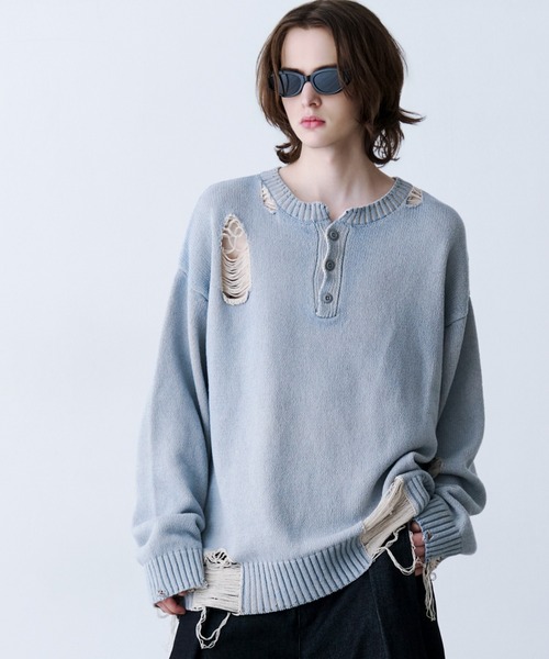 SeeSew(シーソー)の「【UNISEX】GRUNGE DAMAGE PRINT KNIT/グランジダメージプリントニット(ニット/セーター・メンズ・サックスブルー/ブラック・L/M)」の20枚目の写真