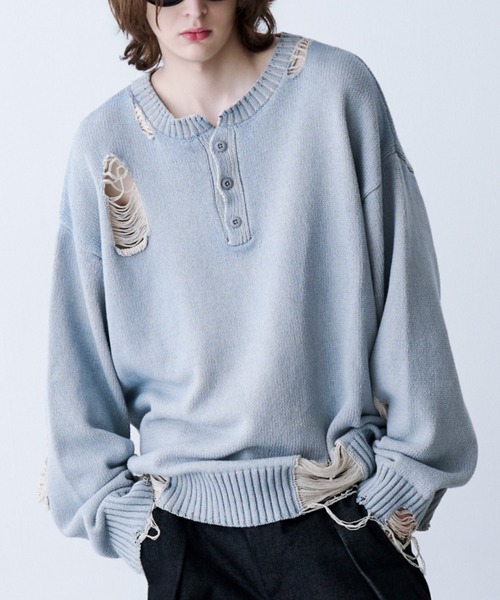 SeeSew(シーソー)の「【UNISEX】GRUNGE DAMAGE PRINT KNIT/グランジダメージプリントニット(ニット/セーター・メンズ・サックスブルー/ブラック・L/M)」の21枚目の写真