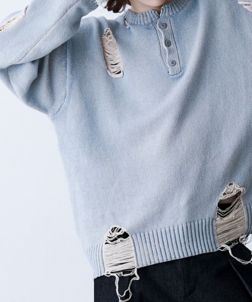 SeeSew(シーソー)の「【UNISEX】GRUNGE DAMAGE PRINT KNIT/グランジダメージプリントニット(ニット/セーター・メンズ・サックスブルー/ブラック・L/M)」の22枚目の写真