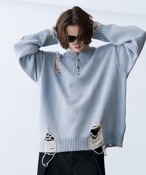 SeeSew(シーソー)の「【UNISEX】GRUNGE DAMAGE PRINT KNIT/グランジダメージプリントニット(ニット/セーター・メンズ・サックスブルー/ブラック・L/M)」の19枚目の写真