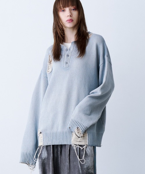 SeeSew(シーソー)の「【UNISEX】GRUNGE DAMAGE PRINT KNIT/グランジダメージプリントニット(ニット/セーター・メンズ・サックスブルー/ブラック・L/M)」の14枚目の写真
