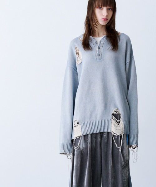 SeeSew(シーソー)の「【UNISEX】GRUNGE DAMAGE PRINT KNIT/グランジダメージプリントニット(ニット/セーター・メンズ・サックスブルー/ブラック・L/M)」の15枚目の写真