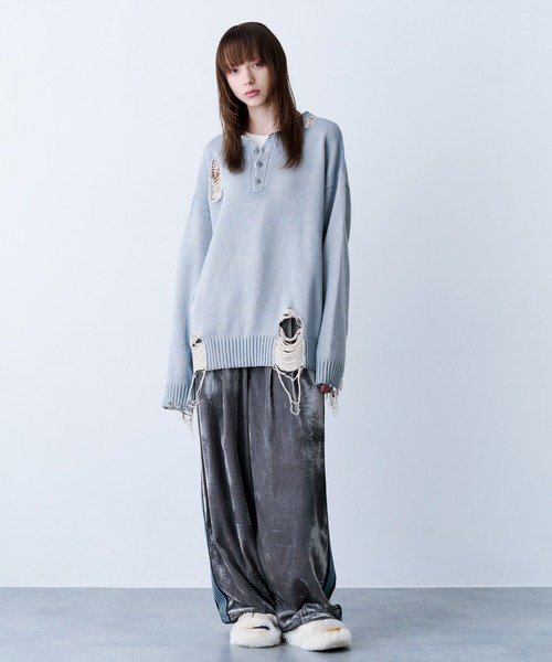 SeeSew(シーソー)の「【UNISEX】GRUNGE DAMAGE PRINT KNIT/グランジダメージプリントニット(ニット/セーター・メンズ・サックスブルー/ブラック・L/M)」の12枚目の写真