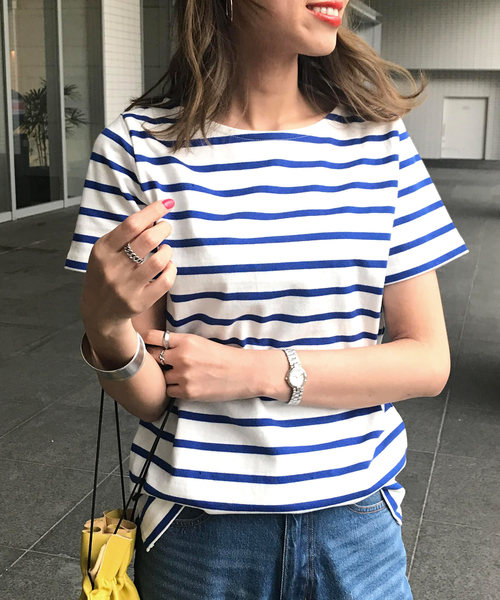 KOBE LETTUCE（コウベレタス）の「[無地/ボーダー柄]コットン100％半袖シンプルTシャツ（Tシャツ/カットソー・レディース・ホワイト系その他3/レッド系その他/ホワイト×ネイビー/ブルー系その他/ブラック/ブルー系その他3/ホワイト系その他2/レモンイエロー/ホワイト系その他6/ホワイト×ブラック/ホワイト×ブルー/ライトカーキ/ネイビー/オフホワイト/ホワイト系その他4/ブラック系その他/ホワイト系その他5/ホワイト×グレー/ホワイト×レッド/ベージュ系その他2/その他2/ブラック系その他4/ブラック系その他3/その他1/ベージュ系その他3/ピンク系その他/その他3/その他4/ホワイト×グリーン/その他5/オレンジ系その他/ベージュ系その他4/ベージュ系その他5/ピンク系/ピンク系1/グリーン系1/グリーン系・FREE）」の5枚目の写真